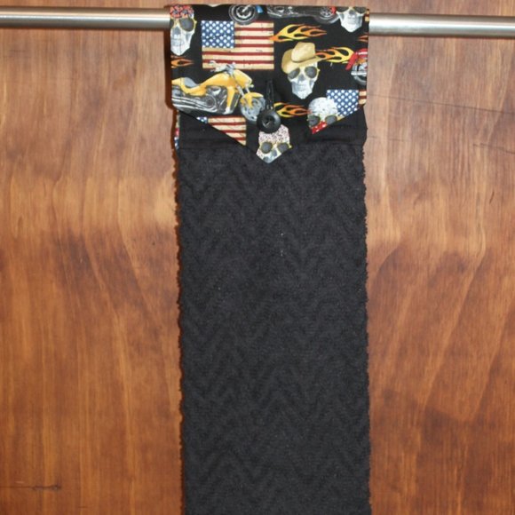 AMERICAN FLAG, MOTORCYCLE, SKULL HANDMADE HANGING KITCHEN BLACK COTTON HANDTOWEL - Picture 4 of 4